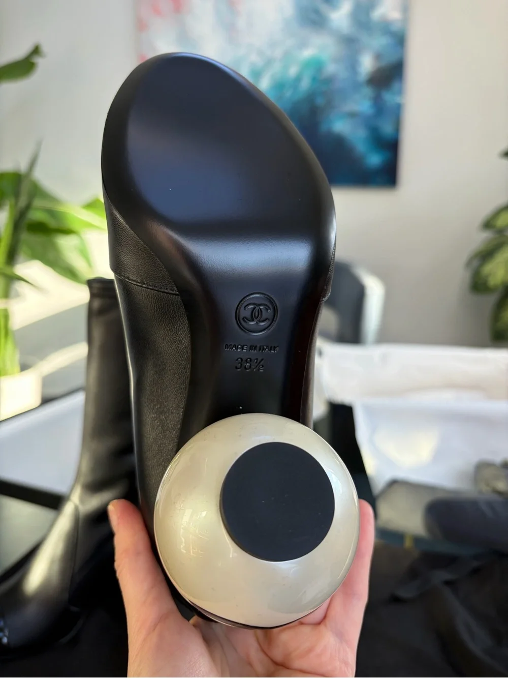 CHANEL 25K Pearl Ball Heel CC Logo Stretch Black Leather Mid Calf Boots 38.5 NIB